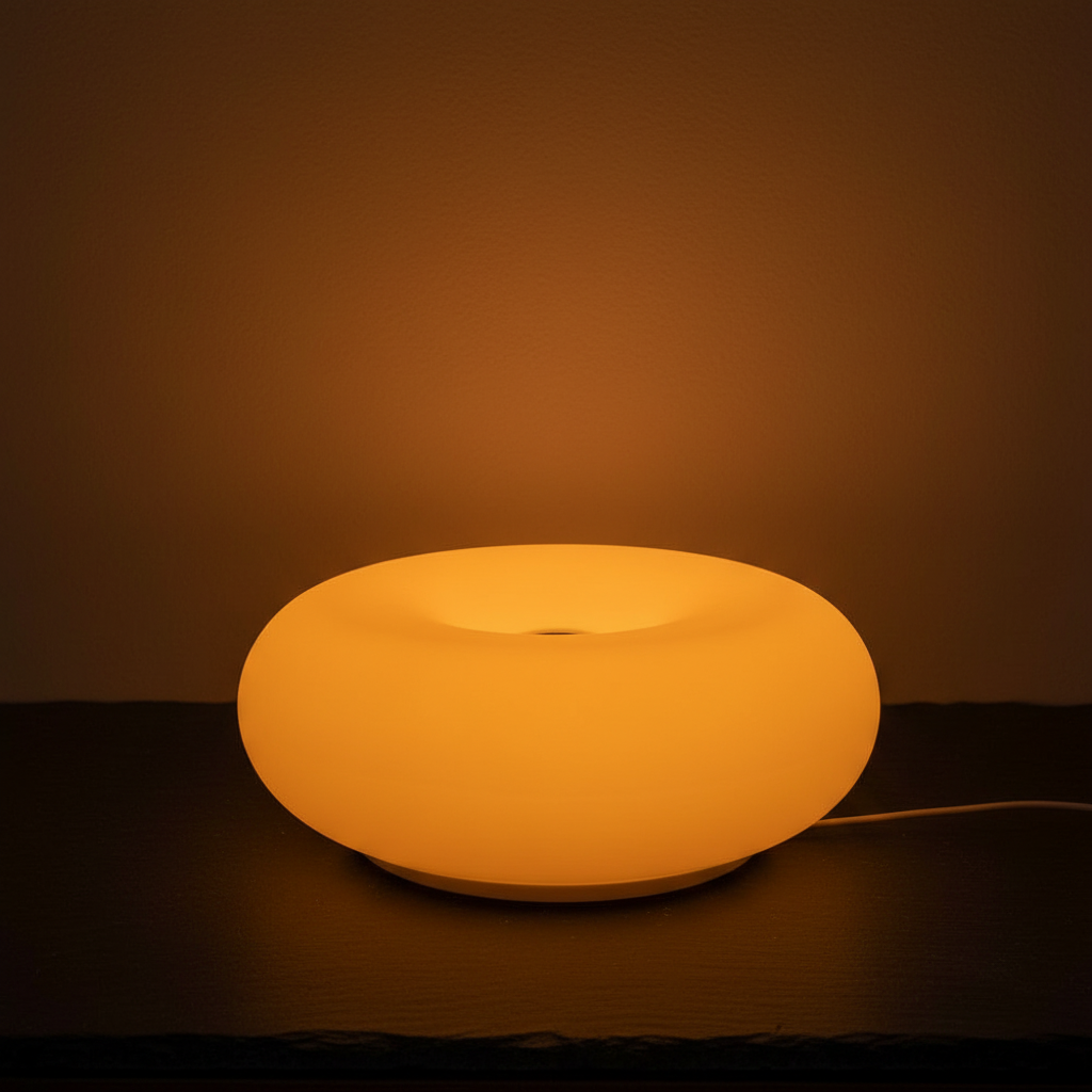 Orange donut table lamp with warm ambient light
