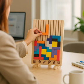 Tabuleiro de Quebra-Cabeça Tetris de Madeira – Brinquedo de Mesa para Estimulação Mental e Jogo de Estratégia Tangram