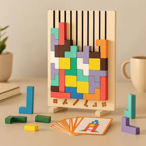 Tabuleiro de Quebra-Cabeça Tetris de Madeira – Brinquedo de Mesa para Estimulação Mental e Jogo de Estratégia Tangram