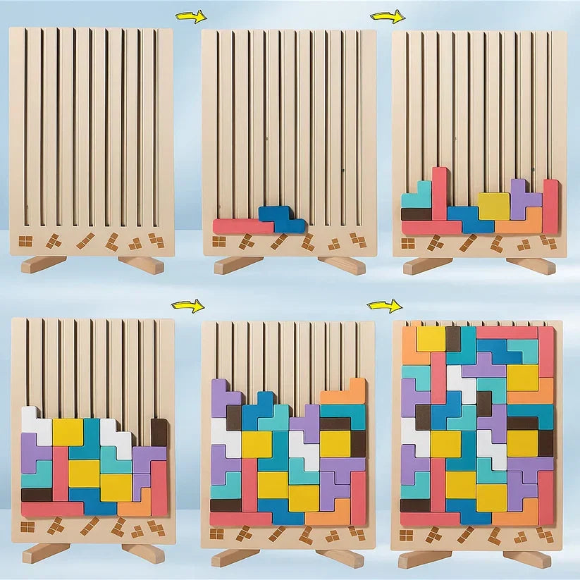 Tabuleiro de Quebra-Cabeça Tetris de Madeira – Brinquedo de Mesa para Estimulação Mental e Jogo de Estratégia Tangram