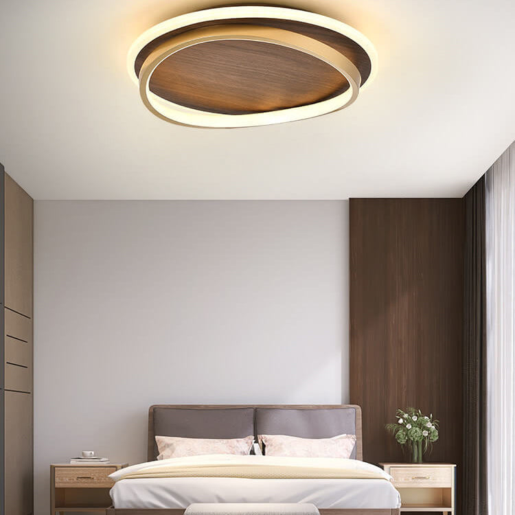 Luminária de Teto LED Moderna | Design Redondo em Nogueira e Dourado