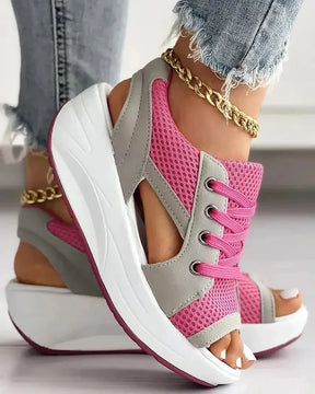 Contrast Paneled Cutout Lace-up Muffin Sandals