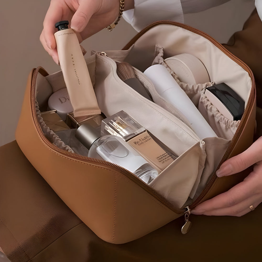 Necessaire de Viagem Organizadora de Maquiagem Estojo Cosmético de Couro Sintético de Grande Capacidade