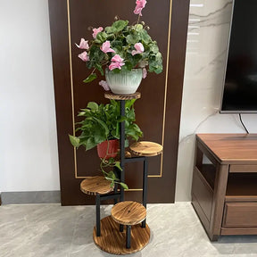 Suporte de Madeira para Plantas com 6 Níveis – Expositor Redondo de Vários Andares