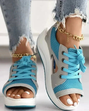 Contrast Paneled Cutout Lace-up Muffin Sandals