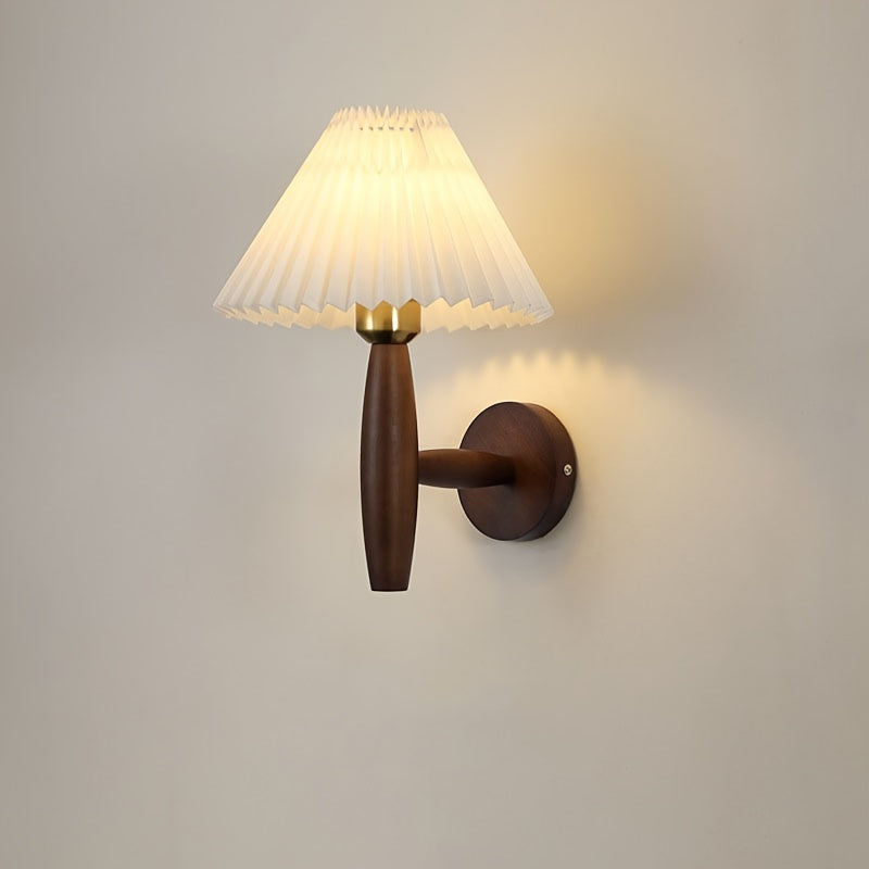 Nordic Wooden Wall Sconce | Retro Bedside Wall Lamp with Pleated Shade