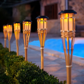 Solar Bamboo Flame Lights (2-Pack) | 12-LED Outdoor Solar Garden Lanterns