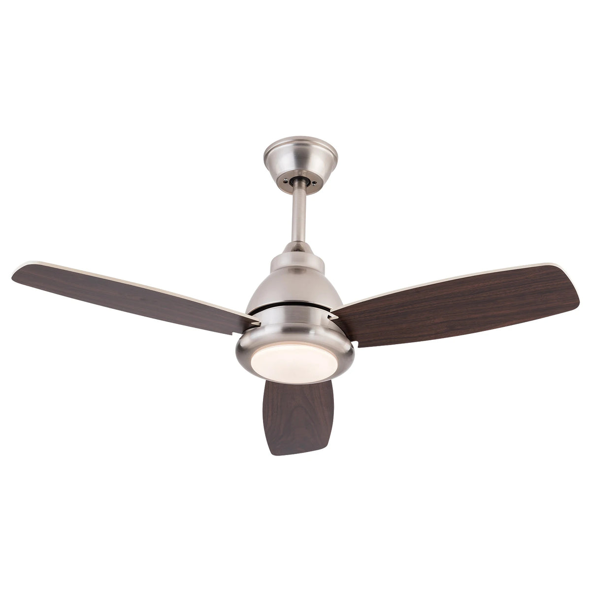 modern ceiling fan with light in walnut and silver finish