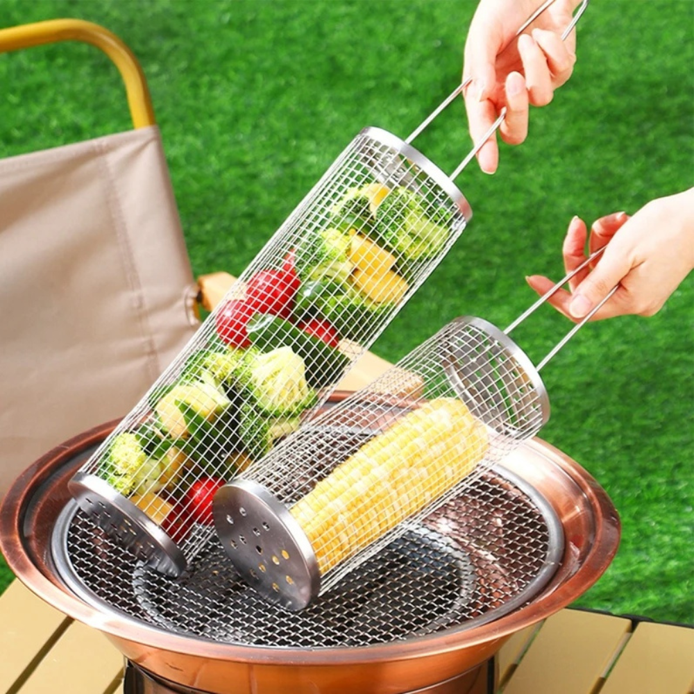 Cesta para Grelhar Churrasco Redonda em Aço Inoxidável