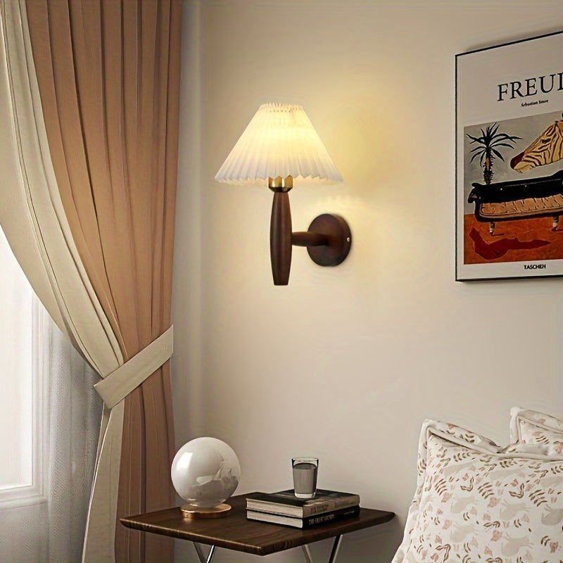 Nordic Wooden Wall Sconce | Retro Bedside Wall Lamp with Pleated Shade