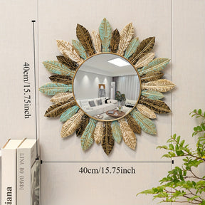 Espelho de Parede Boho Sunburst em Metal | Design em Azul-petróleo e Folha de Ouro