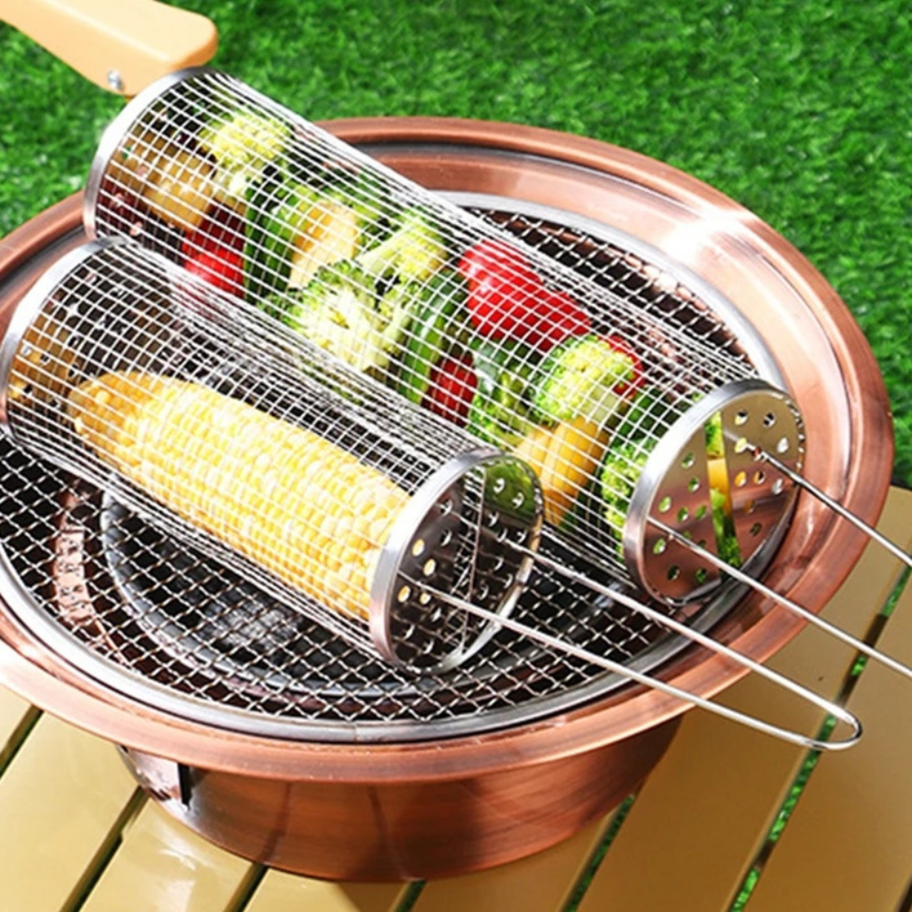 Cesta para Grelhar Churrasco Redonda em Aço Inoxidável