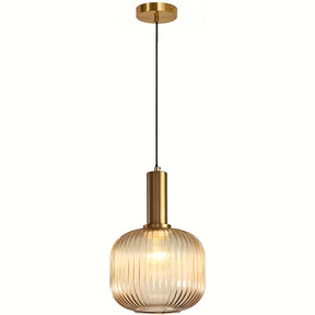 Modern Striped Glass Pendant Light | Brass & Ribbed Glass Shade