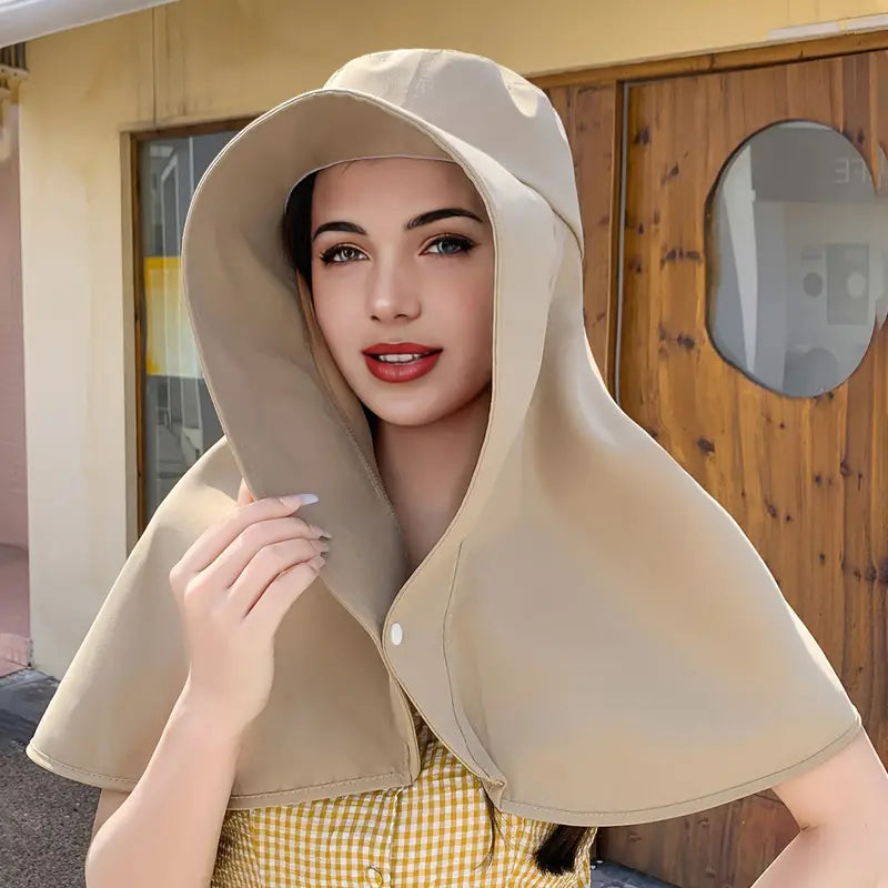 Chapéu de Sol Elegante com Aba Larga e Xale de Proteção para Mulheres
