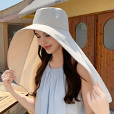 Chapéu de Sol Elegante com Aba Larga e Xale de Proteção para Mulheres