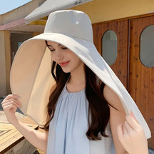 Chapéu de Sol Elegante com Aba Larga e Xale de Proteção para Mulheres