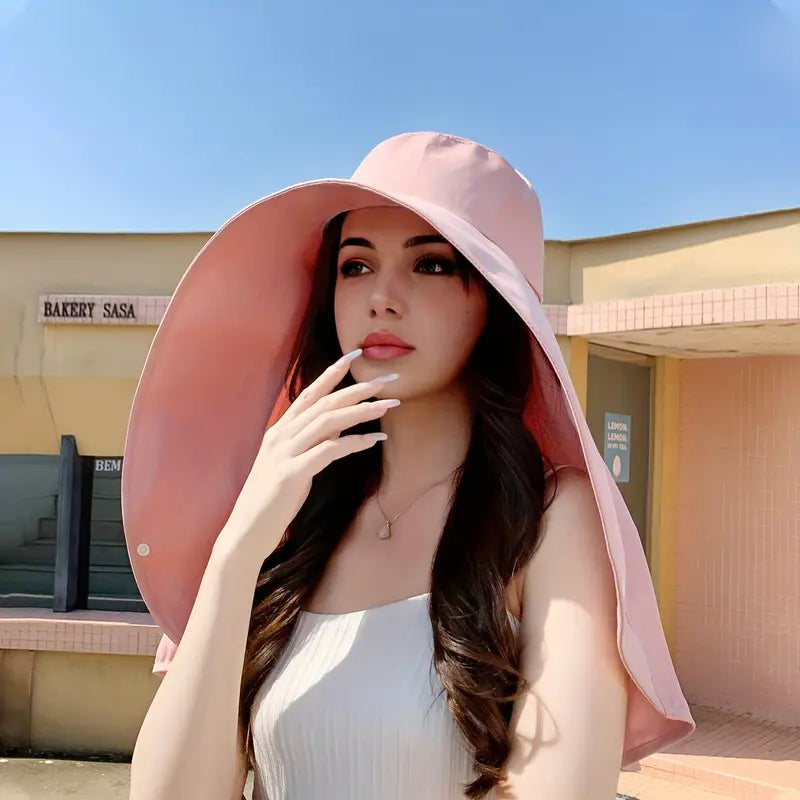 Chapéu de Sol Elegante com Aba Larga e Xale de Proteção para Mulheres