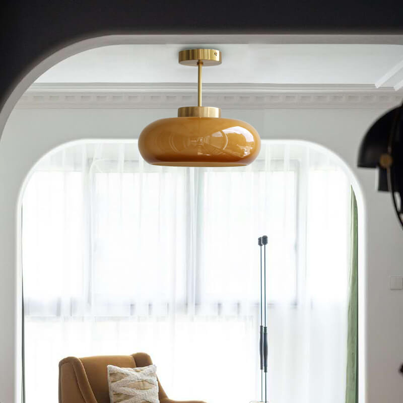 Pendente de Teto Vintage em Latão e Vidro Amarelo | Semi-Embutido