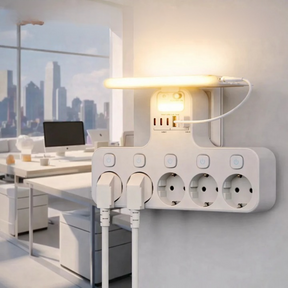 Filtro de Linha de Parede com USB e Luz Noturna – 5 Tomadas e Suporte para Celular