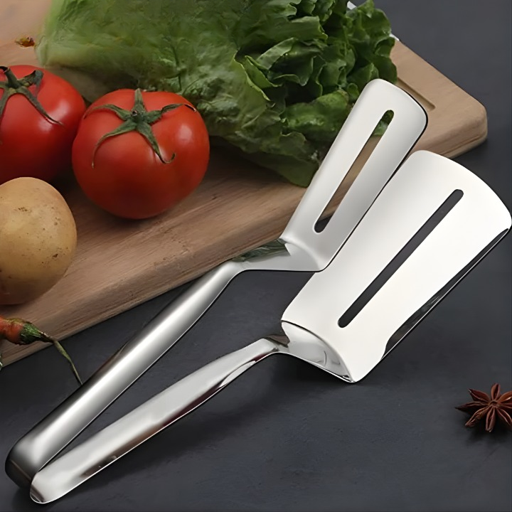 Pinça Espátula de Aço Inoxidável – Utensílio de Cozinha 2 em 1 para Virar e Pegar