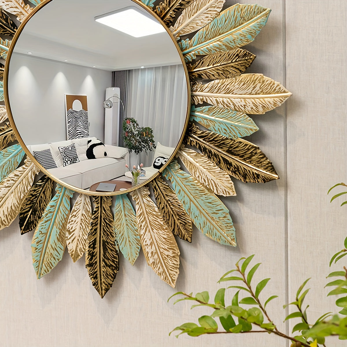 Espelho de Parede Boho Sunburst em Metal | Design em Azul-petróleo e Folha de Ouro