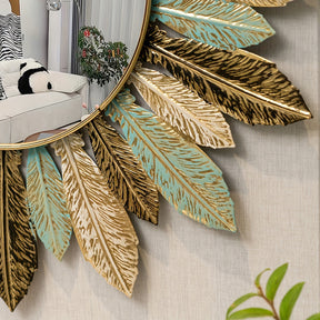 Espelho de Parede Boho Sunburst em Metal | Design em Azul-petróleo e Folha de Ouro