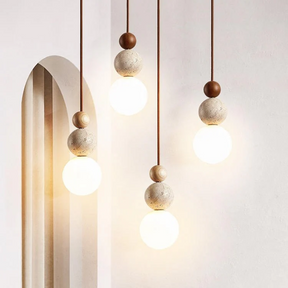 Luminária Pendente Cleonice | Lustre de Travertino, Madeira e Vidro