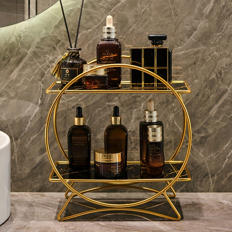 Organizador de Banheiro de Duas Camadas com Base de Orelha de Gato | Prateleira Elegante de Metal para Cosméticos e Skincare