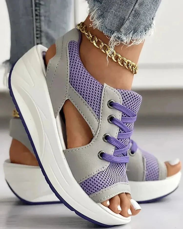 Contrast Paneled Cutout Lace-up Muffin Sandals