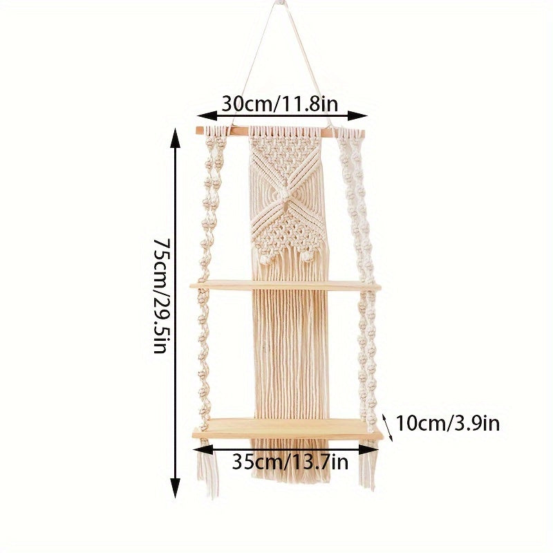 Boho Macrame Wall Shelf | 2-Tier Hanging Storage Rack