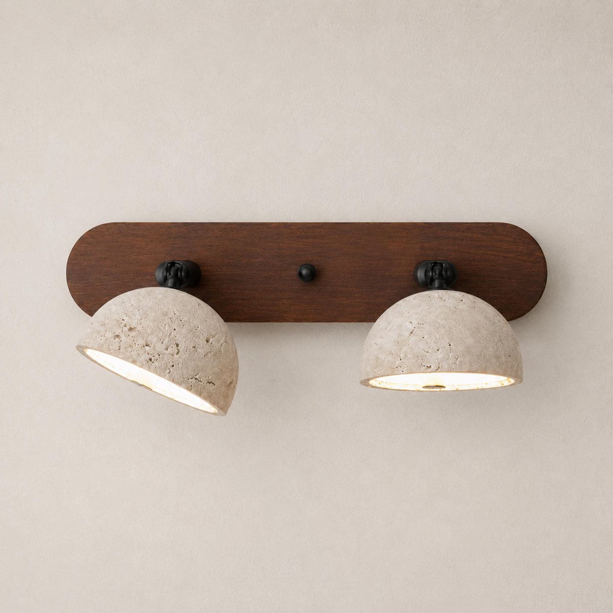 Travertine Vanity Light – L 12.6″ x W 2.3″ x  x H 6.7″, Walnut wood color & Yellow travertine, Warm Light – product image 1