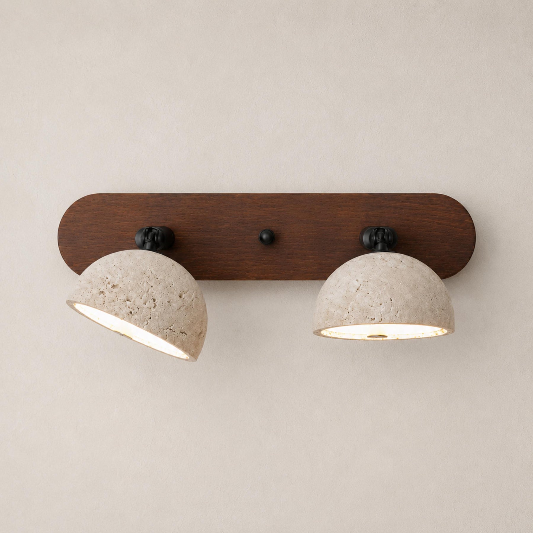 Travertine Vanity Light – L 12.6″ x W 2.3″ x  x H 6.7″, Walnut wood color & Yellow travertine, Warm Light – product image 1