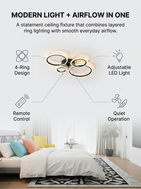 Modern 4 ring fandelier ceiling fan with LED light - black