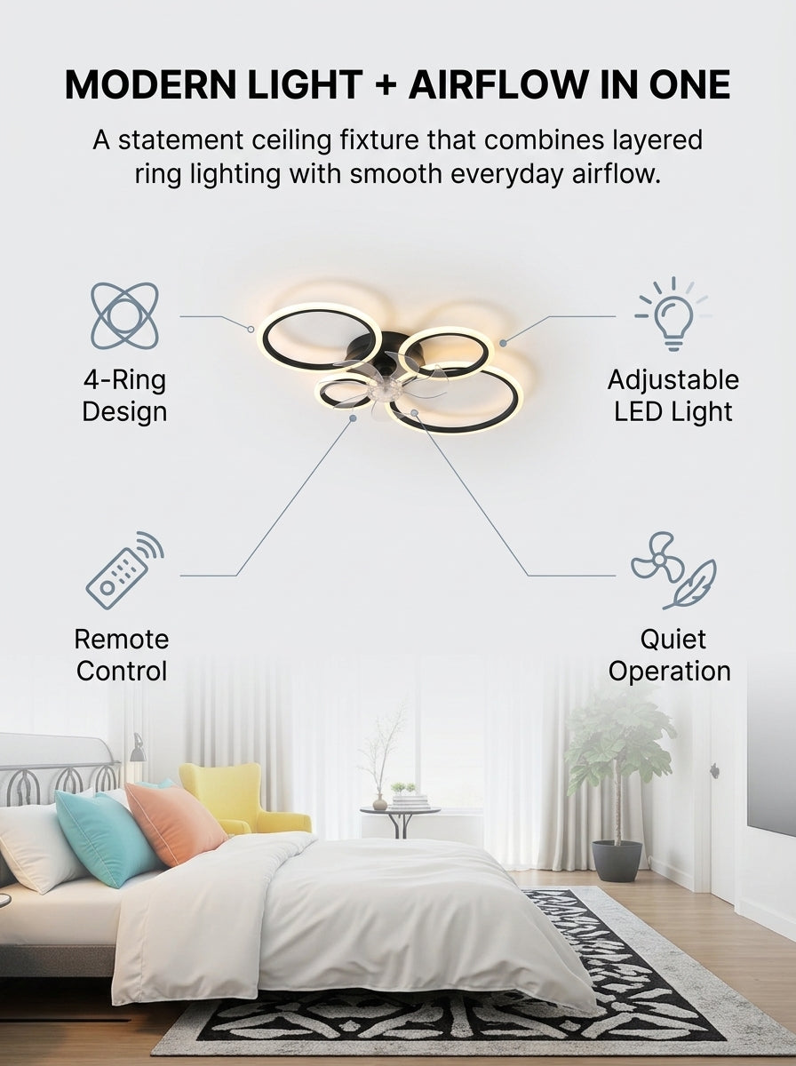 Modern 4 ring fandelier ceiling fan with LED light - black