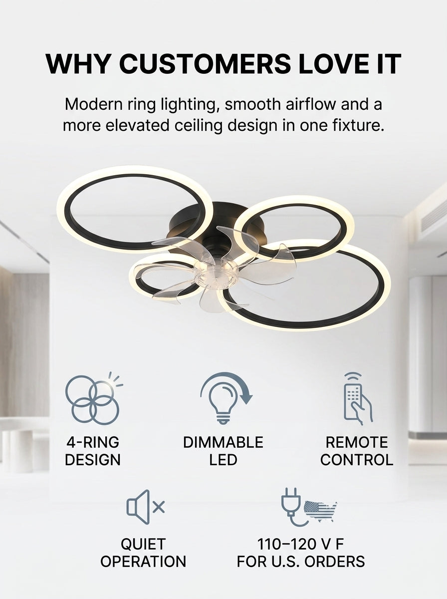Modern 4 ring fandelier ceiling fan with LED light