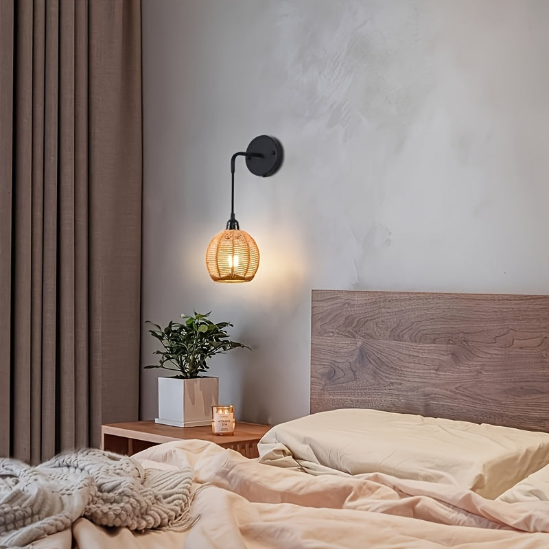 Boho Rattan Wall Lamp | Handwoven Bedside & Living Room Sconce