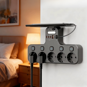 Filtro de Linha de Parede com USB e Luz Noturna – 5 Tomadas e Suporte para Celular
