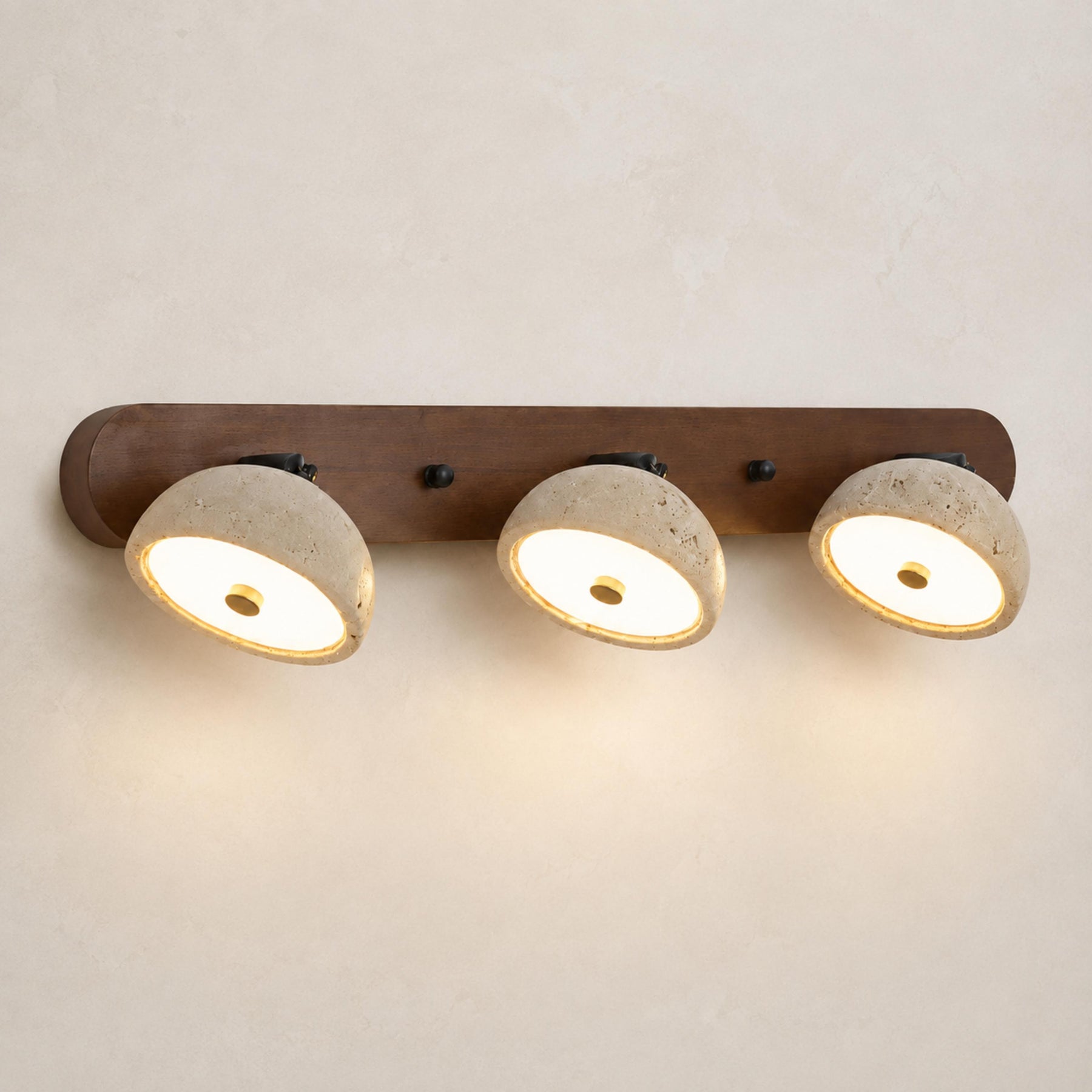 Travertine Vanity Light – L 20.1″ x W 2.3″ x  x H 6.7″, Walnut wood color & Yellow travertine, Warm Light – product image 14