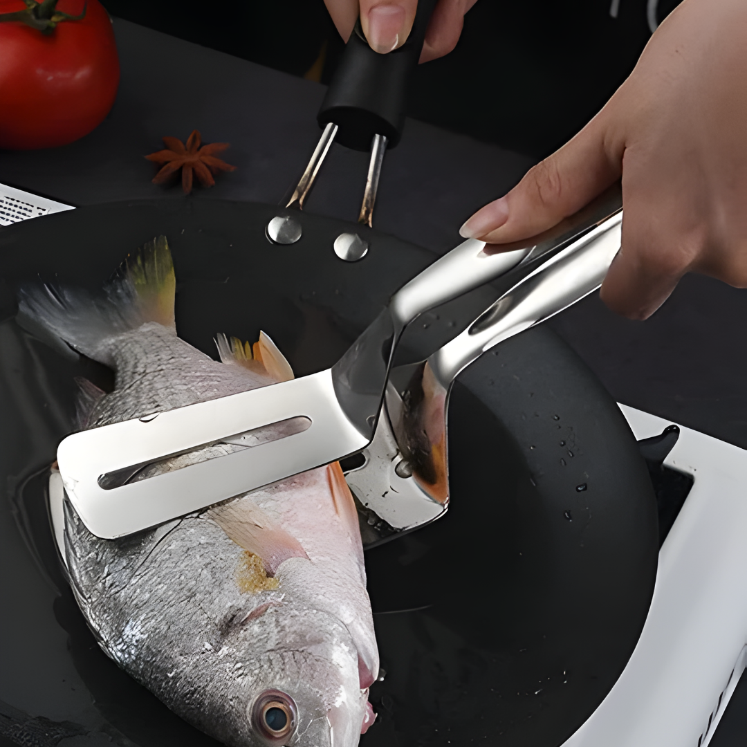 Pinça Espátula de Aço Inoxidável – Utensílio de Cozinha 2 em 1 para Virar e Pegar