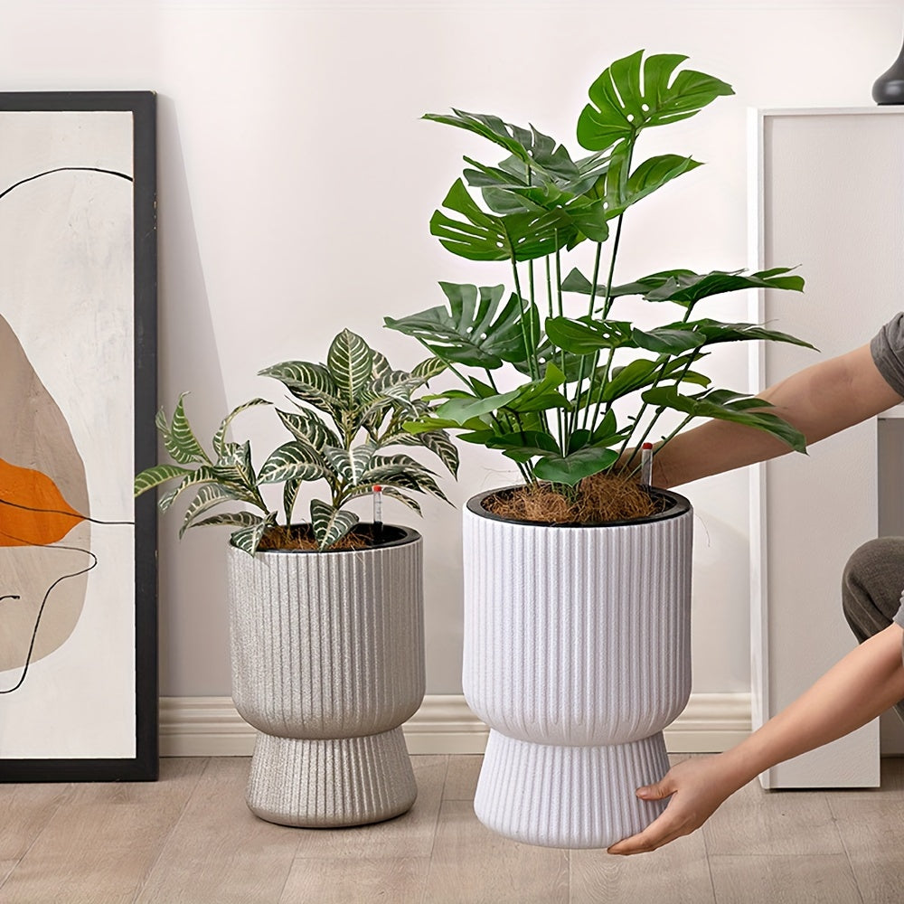 White Self-Watering Flower Pot | Modern Wine Glass Design Planter with Water Level Indicator