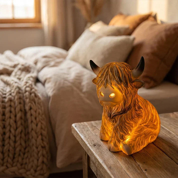 Luminária Noturna de Resina de Vaca Highland – Luz Âmbar Acolhedora e Abajur Decorativo