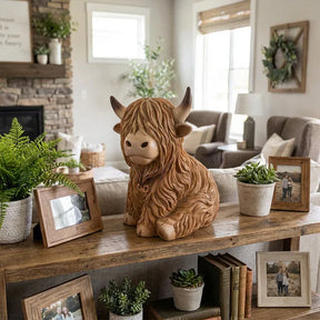 Luminária Noturna de Resina de Vaca Highland – Luz Âmbar Acolhedora e Abajur Decorativo