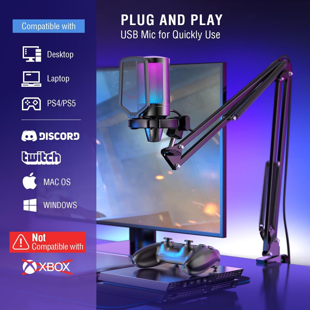 Microfone Condensador para Podcast e PC Gamer