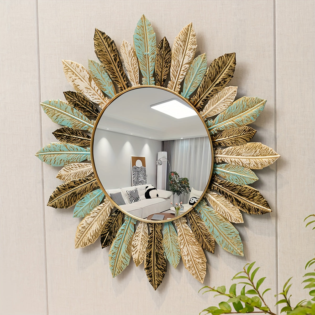 Espelho de Parede Boho Sunburst em Metal | Design em Azul-petróleo e Folha de Ouro