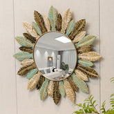 Espelho de Parede Boho Sunburst em Metal | Design em Azul-petróleo e Folha de Ouro