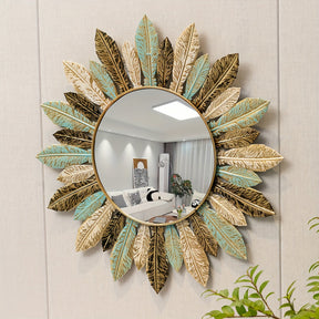 Espelho de Parede Boho Sunburst em Metal | Design em Azul-petróleo e Folha de Ouro
