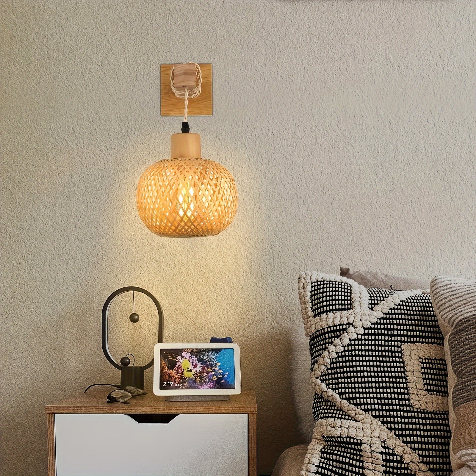 Rustic Wooden Wall Sconce | Handwoven Rattan & Wood Light Fixture