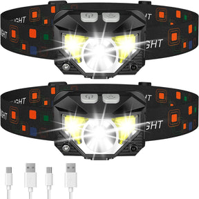 Pacote com 2 Lanternas de Cabeça LED Ultrabrilhantes Recarregáveis, à Prova D'água e com Sensor de Movimento