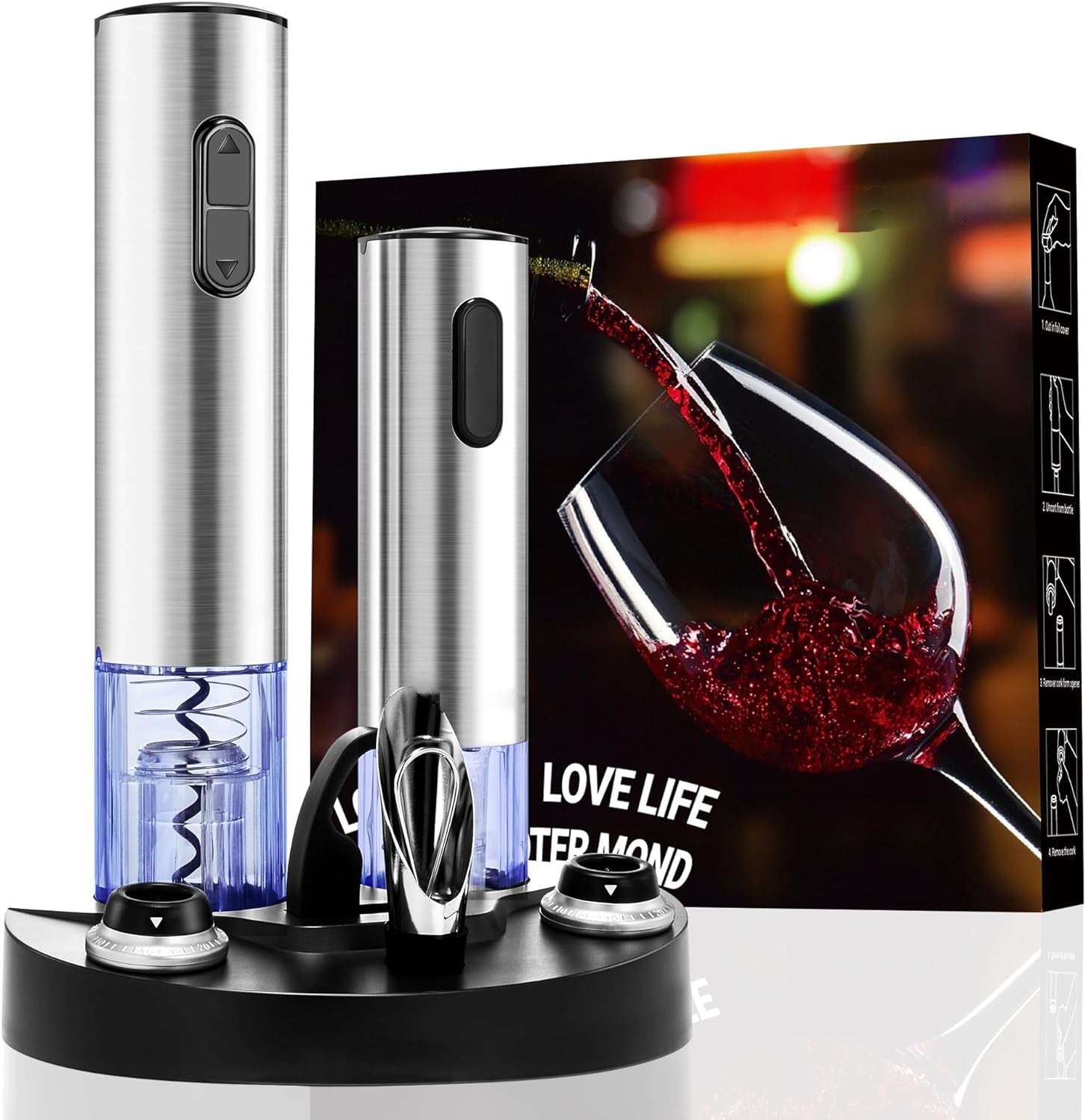 Conjunto de Abridor de Vinho Elétrico com Preservador a Vácuo, Saca-rolhas Automático, Cortador de Lacre, Base de Carregamento, Até 30 Garrafas por Carga
