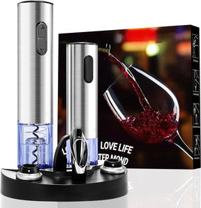 Conjunto de Abridor de Vinho Elétrico com Preservador a Vácuo, Saca-rolhas Automático, Cortador de Lacre, Base de Carregamento, Até 30 Garrafas por Carga